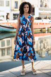 Yumi Blue Cotton Floral Abstract Dropped Waist Midi Dress