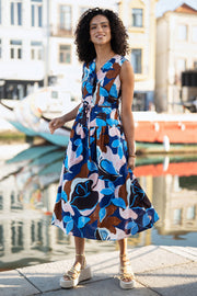 Yumi Blue Cotton Floral Abstract Dropped Waist Midi Dress