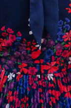 Yumi Navy Border Floral Print Midi Dress With Pleats