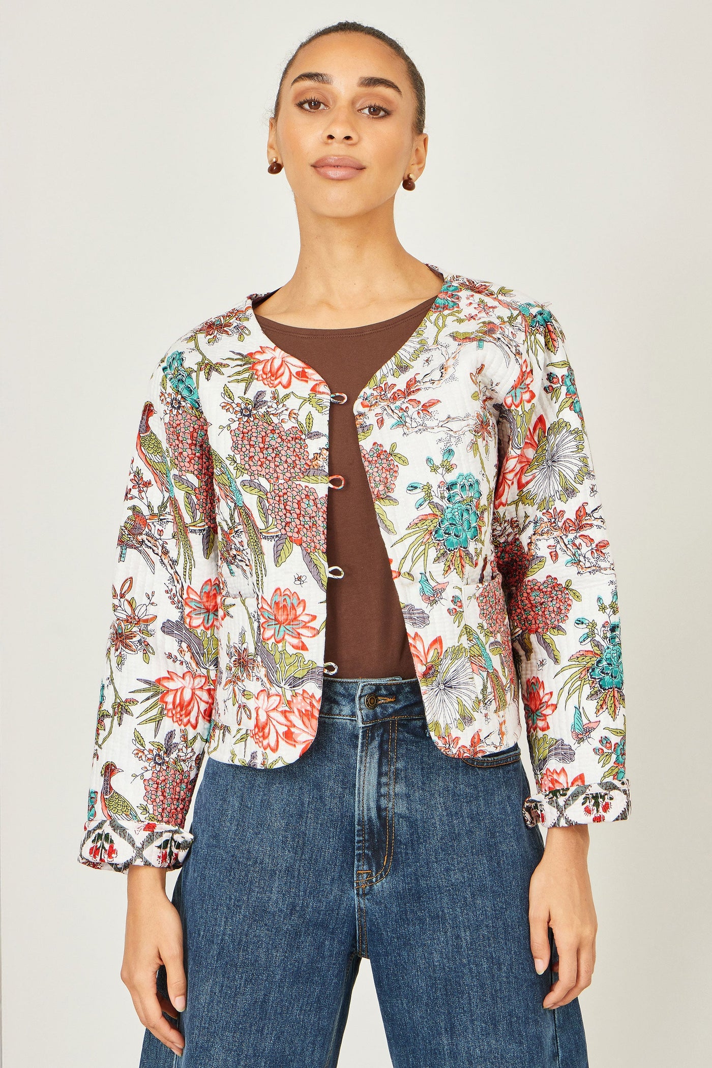 Yumi White Peacock Print Reversible Cotton Quilted Jacket