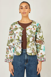 Yumi White Botanical Print Reversible Cotton Quilted Jacket
