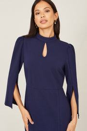 Yumi Navy Fitted Midi Dress With Flute Sleeves