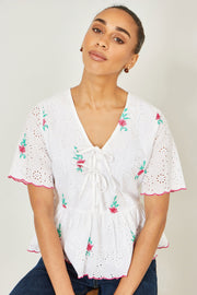 Yumi White Cotton Broderie Anglaise Embroidered Tie Top