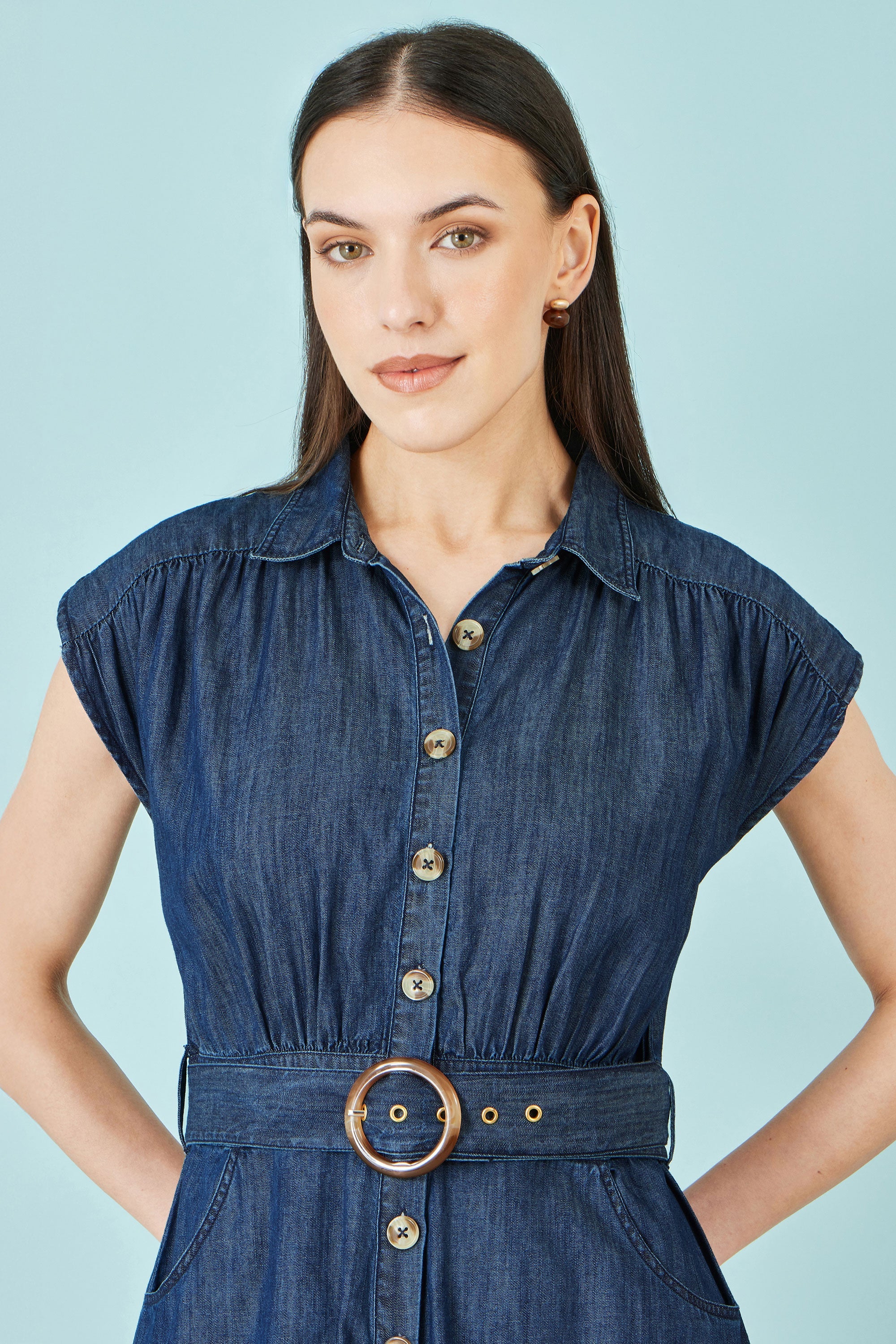 Yumi Blue Chambray Cotton Playsuit