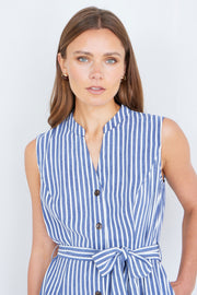 Yumi Navy Stripe Midi Sleeveless Shirt Dress