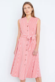 Yumi Red Stripe Midi Sleeveless Shirt Dress