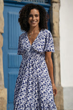 Yumi Blue Floral Ruched Waist Midi Dress With Angel Sleeves