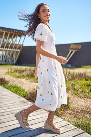 Yumi White Cotton Sunflower Embroidered Midi Dress