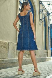 Yumi Blue Stretch Denim Panel Fitted Dress