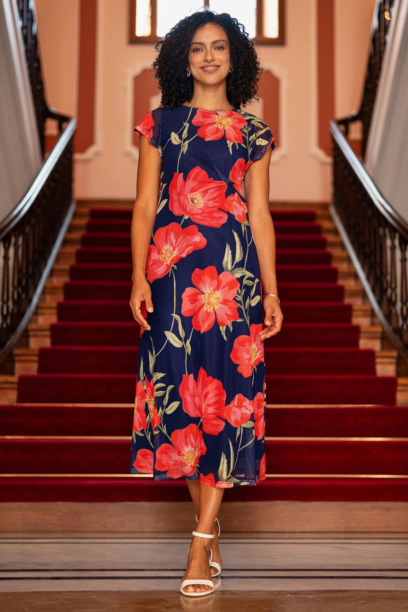 Yumi Navy Poppy Print Midi Mesh Dress