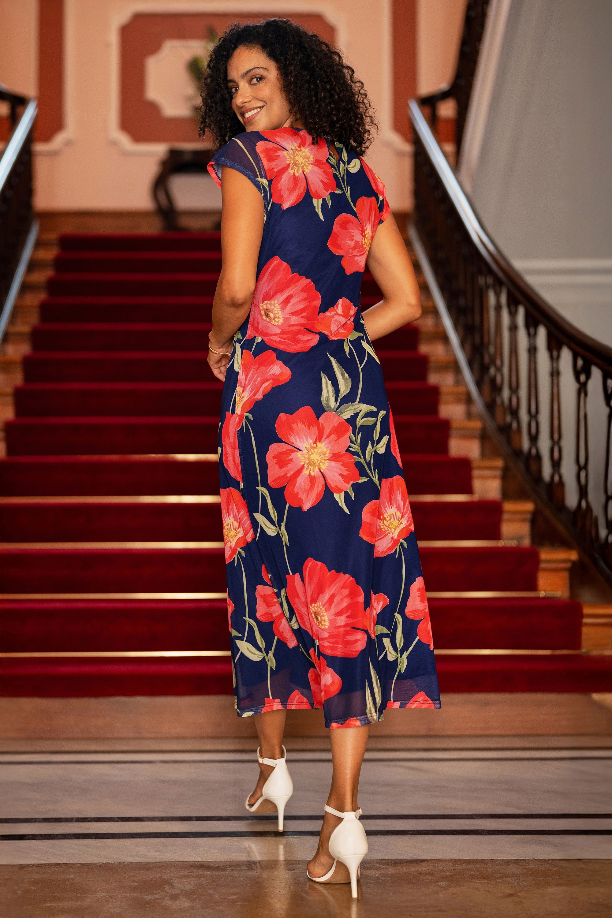 Yumi Navy Poppy Print Midi Mesh Dress
