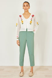 Yumi Green Stretch Capri Pants With Tie Belt