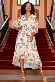 Yumi Ivory Floral Print Wrap Midi Dress With Dipped Hem