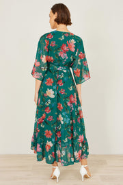 Yumi Green Floral Kimono Wrap Dress With Dip Hem