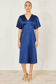 Yumi Navy Satin Midi Kimono Dress