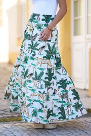 Yumi White Animal Print Cotton Tiered Maxi Skirt