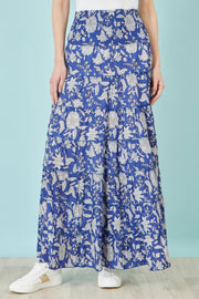 Yumi Blue Floral Cotton Tiered Maxi Skirt