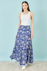 Yumi Blue Floral Cotton Tiered Maxi Skirt