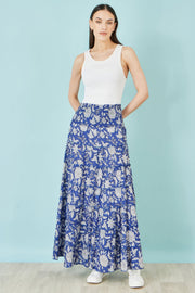 Yumi Blue Floral Cotton Tiered Maxi Skirt
