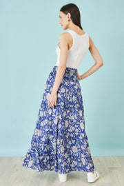Yumi Blue Floral Cotton Tiered Maxi Skirt