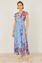 Yumi Blue Floral Mirror Wrap High Low Midi Wrap Dress