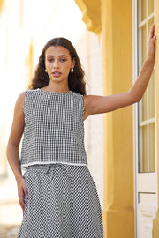 Yumi Black Gingham Cotton Top With Lace Trims