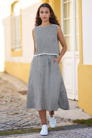 Yumi Black Gingham Cotton Top With Lace Trims