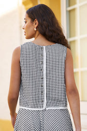 Yumi Black Gingham Cotton Top With Lace Trims