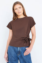 Yumi Brown Cotton Jersey Top With Knot Detail