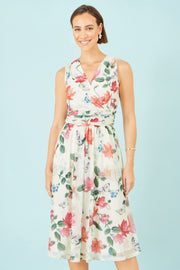 Yumi Ivory Blurred Floral Print Mesh Stretch Midi Dress With Pockets