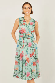 Yumi Mint Blurred Floral Mesh Wrap Midi Dress