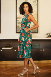 Yumi Green Blurred Floral Print Mesh Stretch Midi Dress With Pockets