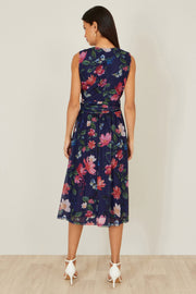Yumi Navy Blurred Floral Print Mesh Stretch Midi Dress With Pockets