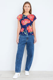 Yumi Navy Poppy Mesh Top