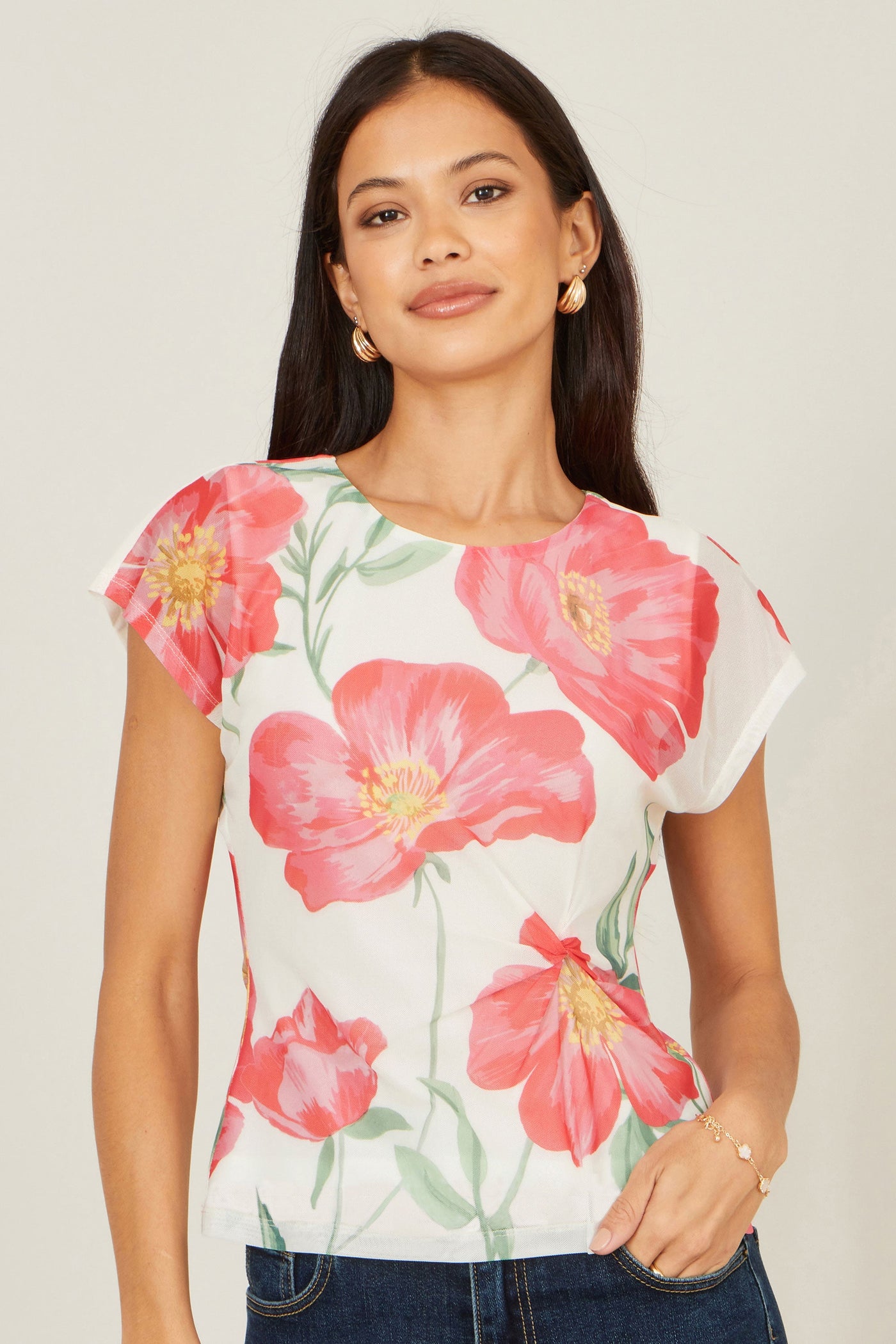 Yumi Ivory Poppy Print Mesh Top
