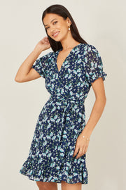 Yumi Blue Floral Skater Wrap Dress