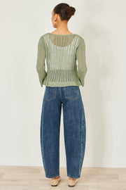 Yumi Green Tie Front Pointelle Cardigan