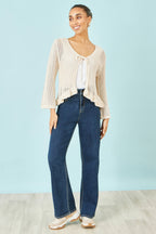 Yumi Beige Tie Front Pointelle Cardigan