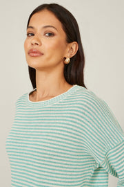Yumi Sea Green Knitted Stripe Relaxed Jumper
