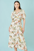 Yumi Ivory Viscose Floral Print Midi Dress With Ruched Waist