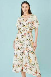 Yumi Ivory Viscose Floral Print Midi Dress With Ruched Waist