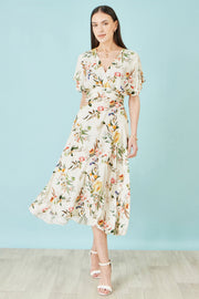 Yumi Ivory Viscose Floral Print Midi Dress With Ruched Waist