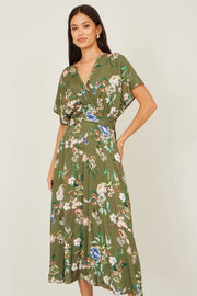 Yumi Sage Green Viscose Floral Print Midi Dress With Ruched Waist