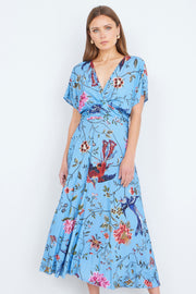 Yumi Blue Viscose Bird And Floral Print Midi Dress With Ruched Waist