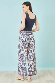 Yumi Blue Bird Print Viscose Wide Leg Trousers