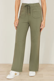 Yumi Khaki Relaxed Stretch Wide Leg Trousers With Pockets