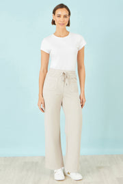 Yumi Cream Relaxed Stretch Wide Leg Trousers With Pockets