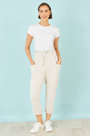Yumi Cream Cotton Relaxed Stretch Trousers With Pockets