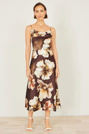 Yumi Brown Cowl Neck Satin Floral Dress