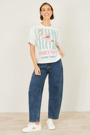 Yumi White Retro Relaxed Flamingo Cotton T Shirt